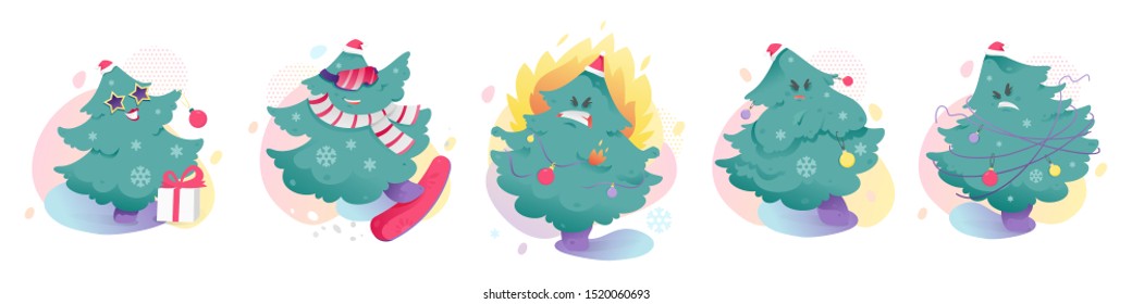 Modern funny sticker set with happy, snowboarding, in flames, angry and tangled Christmas trees