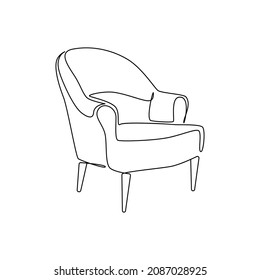 Modern Furniture Armchair For Home Interior In Trendy Vintage Style Outline Contour Lines. Simple Linear Silhouette Of Comfy Chair. Doodle Vector Illustration