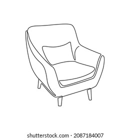 Modern Furniture Armchair With Pillow For Home Interior In Loft Style Outline Contour Lines. Simple Linear Silhouette Of Comfy Chair. Doodle Vector Illustration