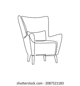 Modern Furniture Armchair With Pillow For Home Interior In Scandinavian Style Outline Contour Lines. Simple Linear Silhouette Of Comfy Chair. Doodle Vector Illustration