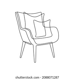 Moderno sillón de mobiliario con almohadas para el interior del hogar en las líneas de contorno de diseño de estilo escandinavo. Silueta lineal simple de silla cómoda. Ilustración del vector de dibujo de Doodle