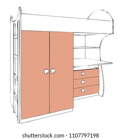 Modern furniture design, three objects in one: bed, wardrobe and writing desk - isolated vector illustration