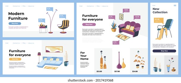 Modern furniture for everyone, new collection at landing page collection, vector illustration. Online store with comfortable sofa, chair, vase, lamp. Element for home interior, shop now button.