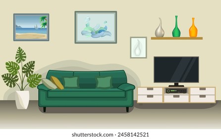 Modern furniture with green sofa, TV cabinet and receiver in flat style. Cozy living room interior with paintings, vases, television and house plant. Minimalist style in light beige colors. Vector ill