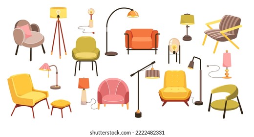 Modern furniture for home and office interior vector illustration. Cartoon isolated stylish lamp, chair and armchair collection for bedroom or living room, contemporary cozy accessories and decor