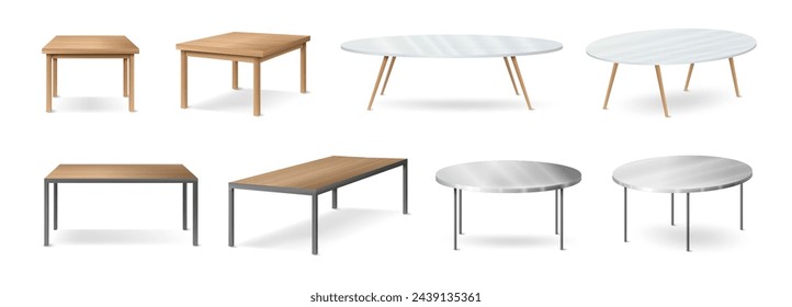 Modern furniture for home or office. Vector isolated realistic set of dining and coffee tables of square and oval shape for house or apartment. Natural wood material and stylish models for flat