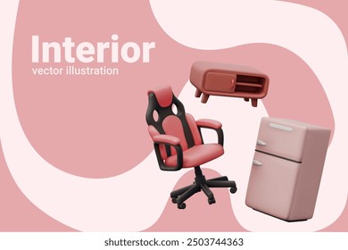 Modern furniture and household electrical appliances in cute 3D style