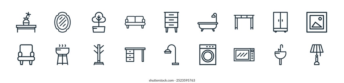 pacote de ícone de mobiliário moderno. perfeito para projetos de ui lineares com lâmpada de mesa vetorial, pia, forno, lavanderia, lâmpada, mesa, stand e mais ícones para aplicativos móveis e web.