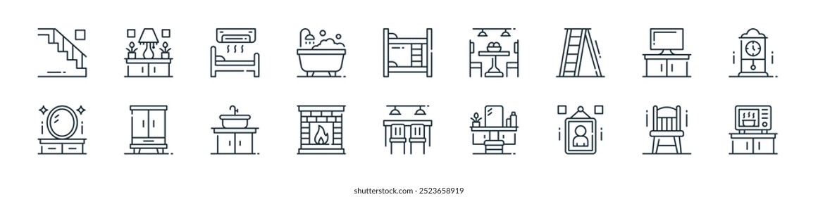 Perfecto para diseños de interfaz de usuario lineal con horno de microondas de Vector, silla, marco de fotos, tocador, mesa de comedor, chimenea, lavabo y más iconos para el móvil y el Web