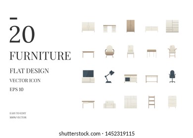 Modern furniture Icons. Simple Set of Furniture Flat Icon Set. Flat Design Style. Vector Icon.