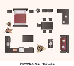 Modern furniture isolated on white background. Design elements top view image realistic vector illustration.