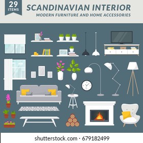 Modern furniture items and home accessories for living room design. Create your interior in trendy scandinavian style. Vector set.