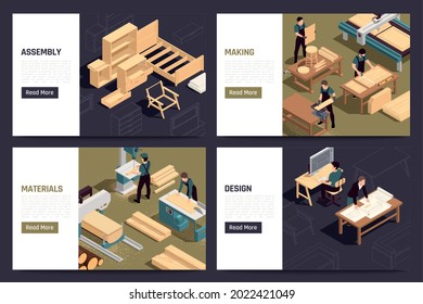 Modern furniture production service concept 4 isometric webpages set with custom design units making assembly vector illustration