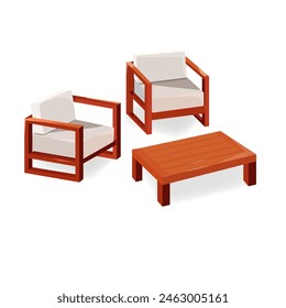 Modern furniture in Scandinavian style - 2 armchairs and a table. For garden, living room, coffee. Vector illustration on isolated white background.