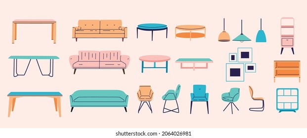 Moderne Möbel einfache Elemente Sammlung. Tisch, Stuhl, Sofa und Wohnungsdekor Wohnung einzeln. Unterschiedliche Innenobjekte in trendigem Flachdesign.
