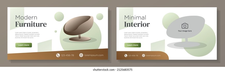 Modern furniture store online banner template set, chair interior offer corporate advertisement, horizontal ad, home decor campaign webpage, flyer, creative brochure, isolated on background.