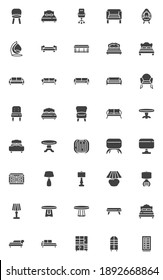 Modern furniture vector icons set, modern solid symbol collection, filled style pictogram pack. Signs, logo illustration. Set includes icons as bed sofa, couch furniture, table, cupboard, armchair