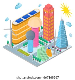 Modern Future Building Eco Concept. Isometric View Solar Battery and Wind Energy. Vector illustration