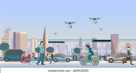 Modern  Future City View. Renewable Electrified City Transports. Driverless Vehicles And Drones For Light Deliveries. Vector Illustration. 