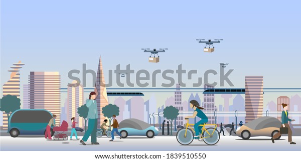 Modern  future city view. Renewable\
electrified city transports. Driverless vehicles and drones for\
light deliveries. Vector Illustration.\
