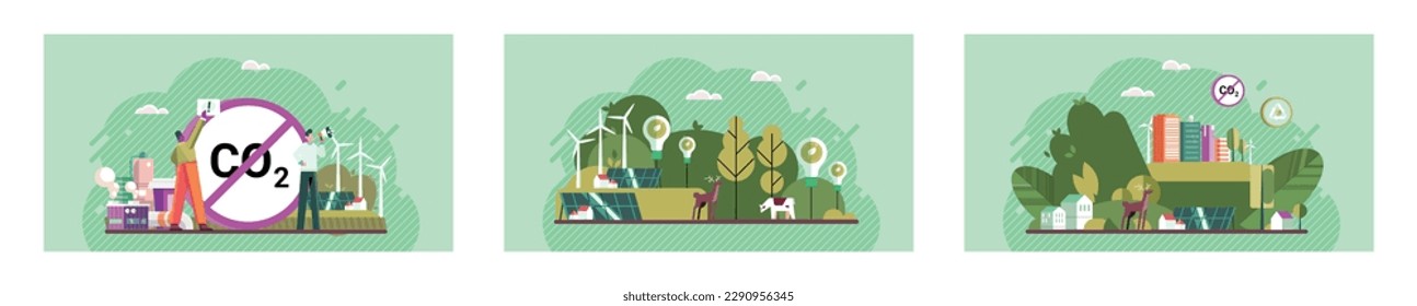 Modern future environment without global warming, CO2 pollution. Green eco friendly cityscape background. Earth day. Environmentally friendly planet. People activists and eco volunteers protect nature