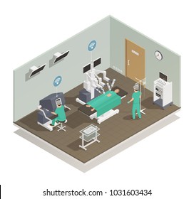 Modern and future medical technologies isometric composition with advanced robotic surgeons assisting operating room vector illustration  