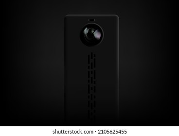 Moderne, zukunftsweisende Smartphone-Gerätewerbung mit einer hochwertigen, leistungsstarken Kamera im Dunkeln. Telefonieren Sie digitale Gadget-Technologie in der Dunkelheit der Nacht. Minimales Design