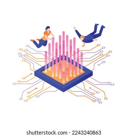 Modern future technologies artificial intelligence isometric concept with human characters 3d vector illustration