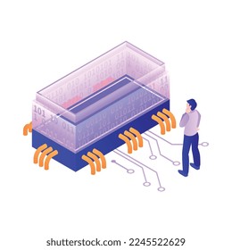 Modern future technologies blockchain isometric concept with human character 3d vector illustration