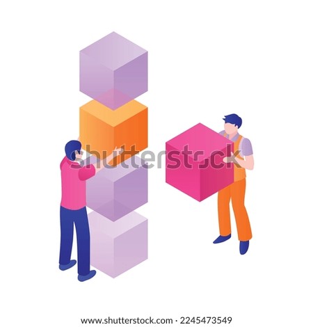 Modern future technologies blockchain isometric concept with people holding blocks 3d vector illustration