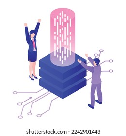 Modern future technologies isometric concept with people and device 3d vector illustration