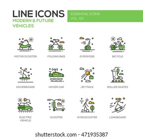 Modern and Future Vehicle - vector line design icons and pictograms set. Motor scooter, folding bike, bicycle, hoverbord, hover car, jet pack, roller scates, gyroscooter, longboard