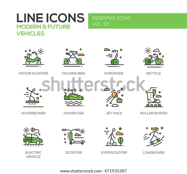 Modern and\
Future Vehicle - vector line design icons and pictograms set. Motor\
scooter, folding bike, bicycle, hoverbord, hover car, jet pack,\
roller scates, gyroscooter,\
longboard