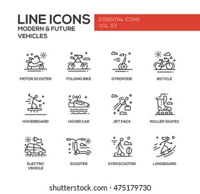 Modern and Future Vehicle - modern vector plain line design icons and pictograms set. Motor scooter, folding bike, gyropode, bicycle, hoverbord, jet pack, roller scate, gyroscooter, longboard