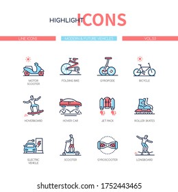 Modern and future vehicles - line design style icons set. Urban transport idea. Motor scooter, folding bike, gyropode, hoverboard, jet pack, roller skates, electric car, gyroscooter, longboard