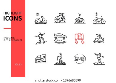 Modern and future vehicles - line design style icons set. Urban transport idea. Motor scooter, folding bike, gyropode, hoverboard, jet pack, roller skates, electric car, gyroscooter, longboard