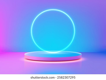 modern futuristic 3d glowing neon circular platform with pastel blue and pink tones, featuring a reflective surface and soft lighting, perfect for technology concepts and product displays
