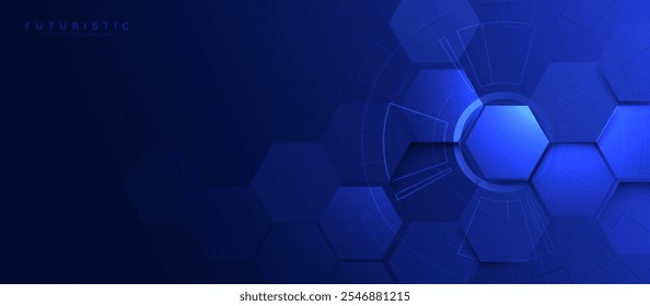 Fondo abstracto futurista moderno con Formas hexagonales azules y patrones geométricos circulares, ideal para temas de tecnología e innovación