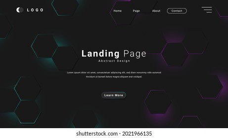 Modern Futuristic Abstract Black Landing Page Or Banner Template Design With Glowing Hexagon Pattern