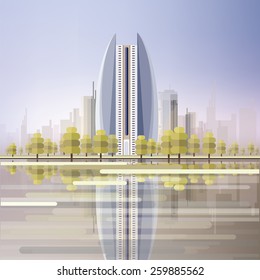 modern futuristic architecture cityscape reflecting in the sea conceptual vector illustration in trendy flat design style 