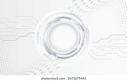 Moderner futuristischer Hintergrund mit kreisförmiger digitaler Schnittstelle, abstrakten Schaltkreislinien und gepunktetem Wellenmuster. Perfekt für High-Tech-, Innovations- und Technologiekonzepte.