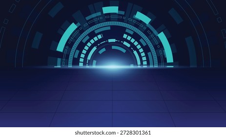 Fundo futurista moderno com uma interface HUD digital com horizonte de luz de arcos brilhantes e piso de palco limpo ideal para apresentações de tecnologia, UI de inovação e projetos de ficção científica