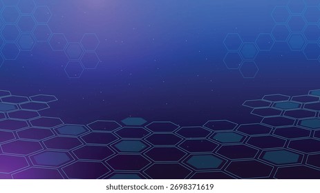 Modern futuristic background featuring glowing hexagon grid over a blue purple gradient sky with digital particles, perfect for technology, innovation, and science concepts