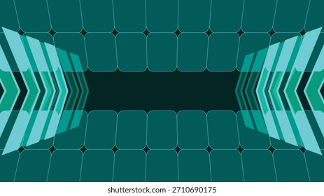 Fondo futurista moderno con flechas de color verde azulado y un patrón de cuadrícula redondeada que crea un diseño geométrico dinámico ideal para presentaciones de temas digitales de diseño tecnológico y proyectos creativos.