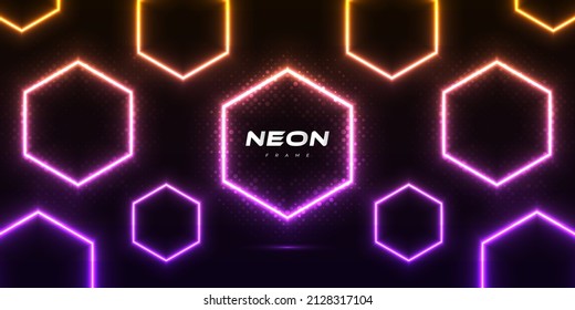 Modern and Futuristic Background with Hexagon Shapes in Glowing Neon Effect and Halftone Style on Dark Background. Colorful Neon Frame