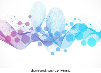 Modern futuristic background of the scientific hexagonal pattern. Virtual abstract background with particle, molecule structure for medical, technology, chemistry, science. Wave flow