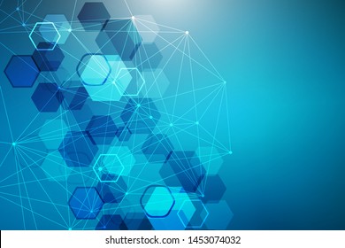 Modern futuristic background of the scientific hexagonal pattern. Virtual abstract background with particle, molecule structure for medical, technology, chemistry, science. Social network vector.