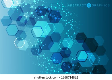Moderner futuristischer Hintergrund des sechseckigen wissenschaftlichen Musters. Virtueller abstrakter Hintergrund mit Teilchen, Molekülstruktur für Medizin, Technologie, Chemie, Wissenschaft. Vektorillustration sozialer Netzwerke