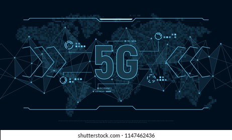 Moderno fondo futurista para la tecnología 5G con la estructura de conexión de polígonos y mapa mundial en píxeles. Visualización de datos digitales. Concepto de tecnología empresarial. Ilustración vectorial.