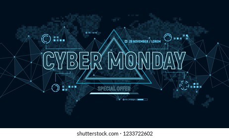 Modern futuristic banner for Cyber Monday on background with polygons connection structure and world map in pixels. Discount sale, online shopping and marketing concept. Vector illustration